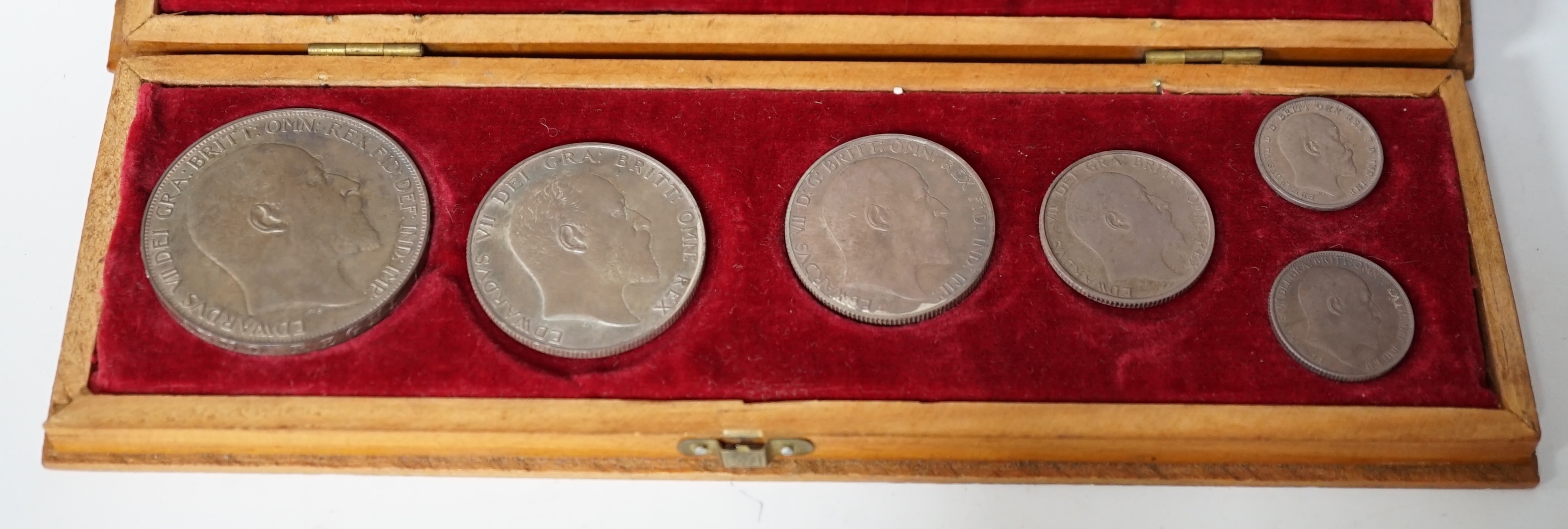 British silver proof coins, 1902 Edward VII matt proof six coin set ranging from crown to sixpence and a maundy fourpence, dark toning, associated case